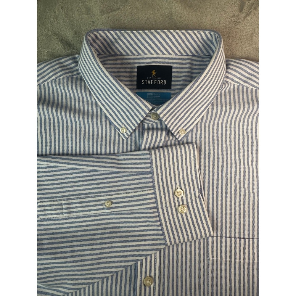 Stafford Button Down Shirt Mens XXL Blue Striped Coolmax Regular Fit